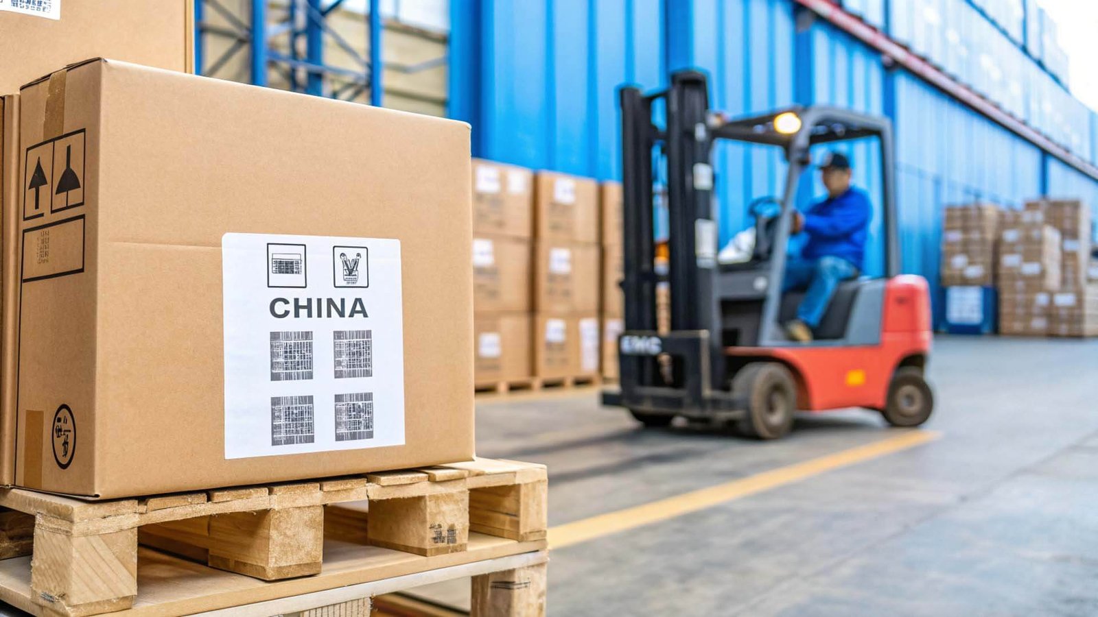 Close-up of a shipping label on a carton from China